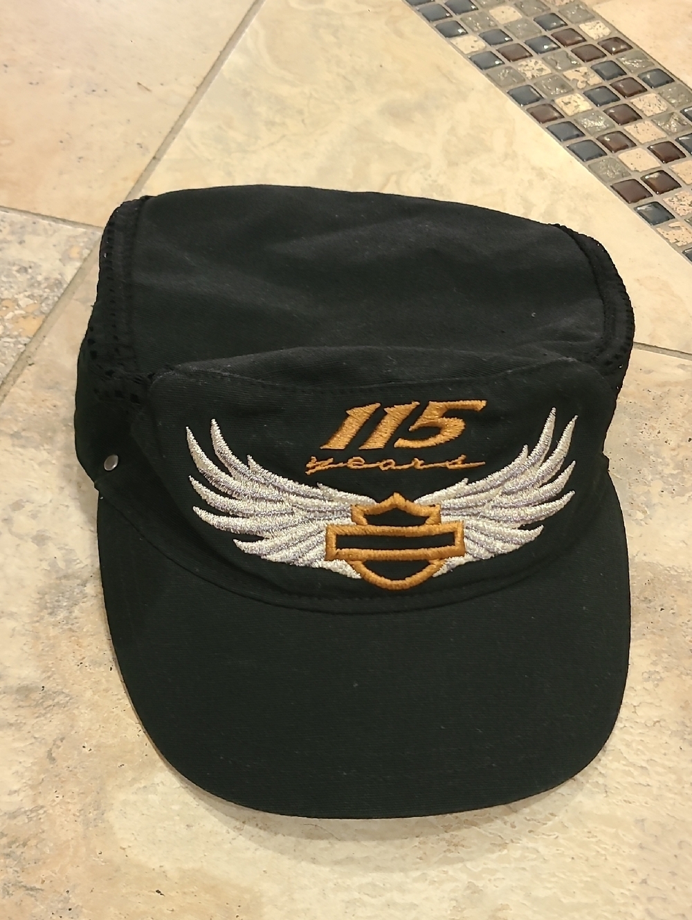 Harley-Davidson Black Cap with Gold '115' and Silver Wing Embroidery
